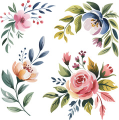 Watercolor Floral Arrangements Pink Rose, Peach Blossom, Blue Flower, Red Berries Bouquets