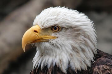 Fototapeta premium Head of a bald eagle displaying striking features and sharp gaze, perched confidently against a blurred natural background