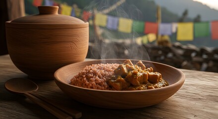 Delicious steaming curry with rice served in wooden bowl creates inviting foodie moment and healthy eating