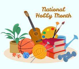 National Hobby Month composition with Activity elements Guitar books ball collor palette knitting