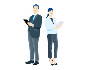 書類またはPCを持つスーツのビジネスパーソンー男女ー全身ークリップボードーベクター線画イラスト素材Business professionals in suits carrying documents or laptops—both men and women—full body—clipboard—vector line art illustration material