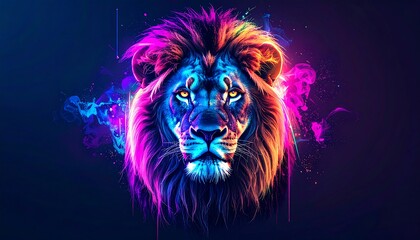 Fototapeta premium A vibrant, artistic portrayal of a lion's head, highlighted with bold, colorful hues, and a dynamic composition.