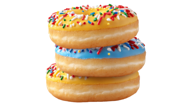 Isolated on transparent background colorful sprinkled donut stack with yellow and blue icing evoking cheerful mood - Powered by Adobe