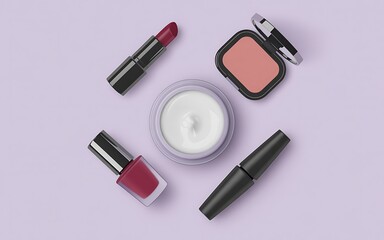 Cosmetic Products Flatlay on Pastel Lavender Background with Reflective Accents