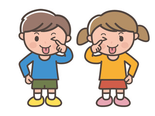 Illustration of a boy and girl sticking out their tongues and making a face