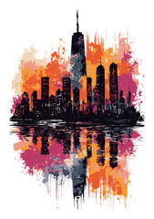 Abstract Colorful Illustration of Urban Skyline Reflection at Sunset
