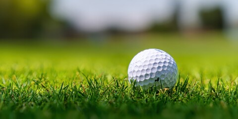 Obraz premium The golf ball resting on vibrant green fairway grass with soft bokeh sunlight