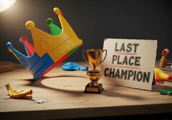 Humorous Last Place Champion Trophy with Colorful Crown and Deflated Balloon