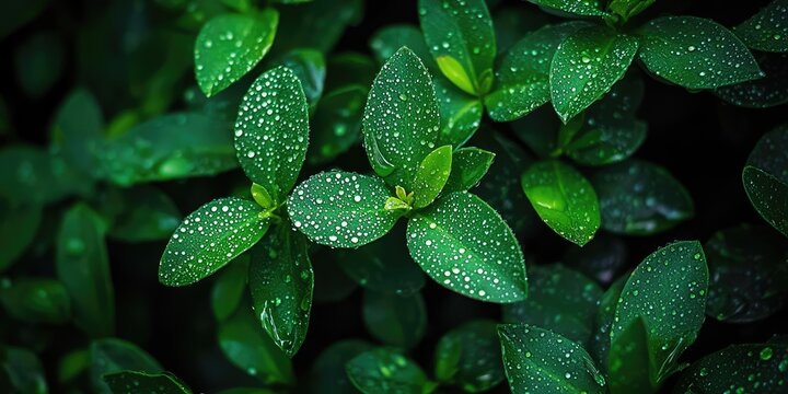 Greenery alive with dew droplets and a painterly dark background Stock photo - Powered by Adobe