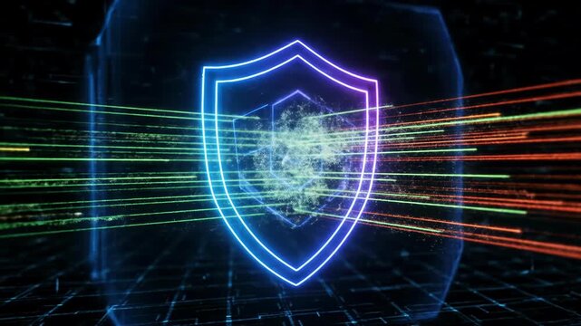 Neon shield deflects digital attack with dynamic light trails
