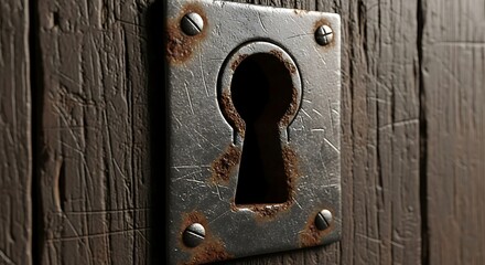 Old keyhole on weathered wooden door evokes mystery, secrets, and a sense of history