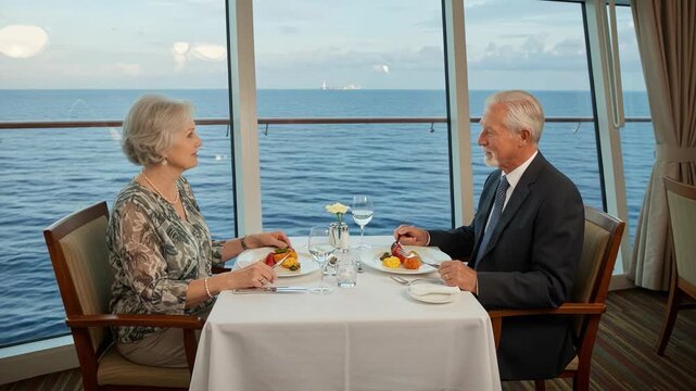 A Romantic Dinner for Two: Seniors Enjoying Fine Cuisine with a Scenic Ocean View During a Special Dining Experience
