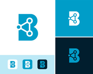 Letter B Dot Data Molecule Triangle Link Connection Simple Vector Logo Design Illustration