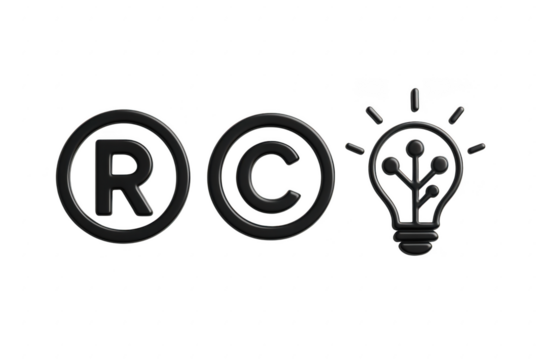 Copyright symbol is shown next to a light bulb. 3d isolated illustration on transparent background