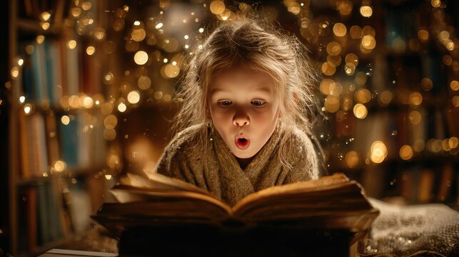 Magic and fantasy with lighted book concept. A child mesmerized by a magical story in a cozy atmosphere.