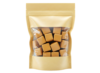 Brown kraft paper pouch filled with caramel candies isolated on transparent background