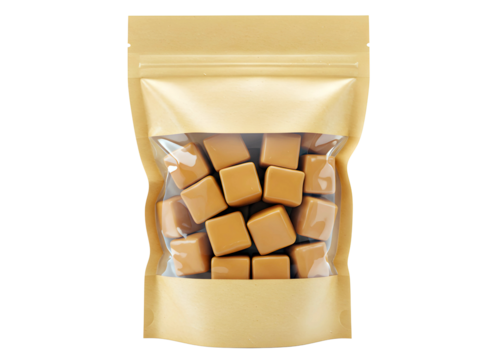 Brown kraft paper pouch filled with caramel candies isolated on transparent background