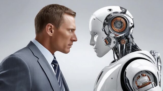 Man Versus Machine: A striking image depicts a man and a robot engaged in an intense face-off, symbolizing the complex interplay between humanity and technology.