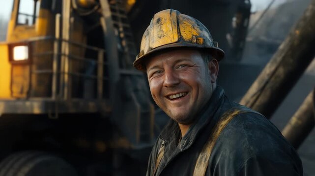 Smiling male miner wearing dirty yellow hard hat and work clothes stands proudly in outdoor industrial mining site with heavy machinery, showcasing satisfaction and rugged work environment