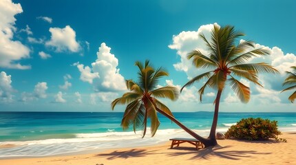 Obraz premium Serene tropical beach paradise with swaying palm trees, turquoise ocean waves, and fluffy white clouds under a vibrant blue sky