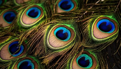 Fototapeta premium Close-up view of intricate peacock feathers, showcasing vibrant colors and detailed textures.