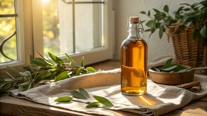 AMBER GLASS BOTTLE WITH GREEN LEAVES 