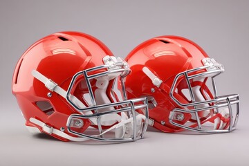 Fototapeta premium Red american football helmets with sleek designs, showcasing bright finishes and protective features for athletes' safety during intense gameplay