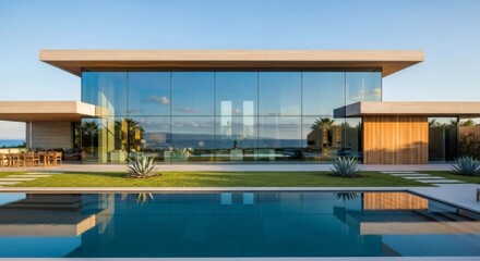 Fototapeta premium Stunning Contemporary Architectural Gem A Luxurious Modern House with Expansive Glass Walls and a Serene Swimming Pool, Embodying Sleek Design and Upscale Living