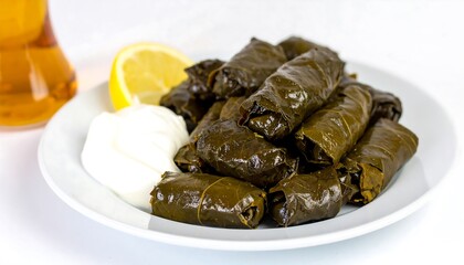 Fototapeta premium A plate of delicious dolmas, tightly rolled grape leaves filled with savory ingredients, served with a dollop of creamy yogurt and a slice of fresh lemon.