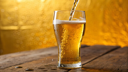Cold beer pouring in glass with foam overflowing on table in golden background