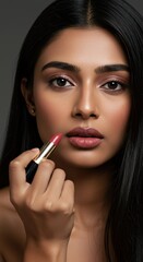 Obraz premium Close-up of Woman Applying Pink Lipstick with Smooth Skin and Natural Makeup