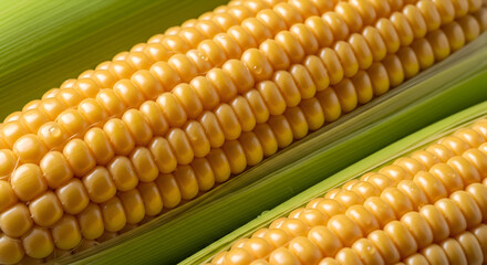 Close-up Macro View of Rows of Golden Corn Kernels on the Cob, Partially Covered by Green Husks, Highlighting Freshness, Harvest, and Healthy Eating

