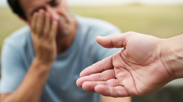 Giving a helping hand to a sad, upset man, offering comfort and support to someone in distress or experiencing disappointment, footage.