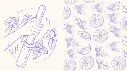 Obraz premium Illustration showing a hand holding a pestle with mint leaves and citrus fruit pattern on the right side