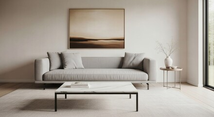 Fototapeta premium Minimalist living room interior with comfortable sofa and modern coffee table