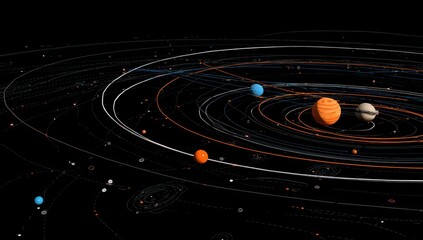 Obraz premium Solar System Planets orbit a striped gas giant amongst rings of asteroids on a black space background