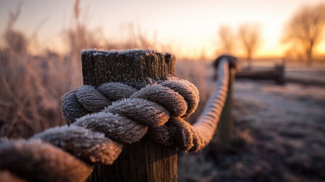 Frosty morning rope tied to wooden post