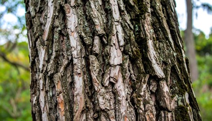 Obraz premium Close-up view of textured tree bark, showcasing intricate patterns and varied shades of brown and gray.