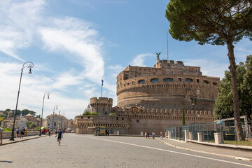 Rome, Italy - August 17, 2019: Castel Sant'Angelo, an architectural monument on the banks of the Tiber in the center of Rome