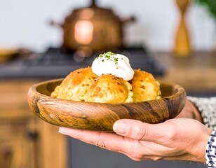 Wooden bowl holds savory pastries topped with sour cream and herbs