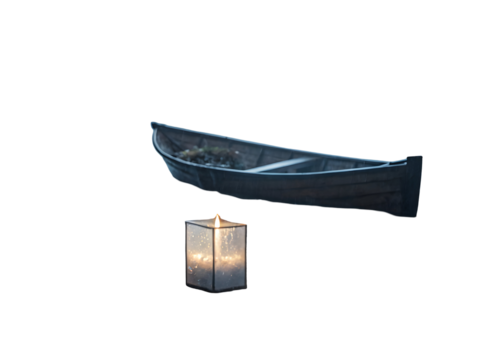 Dark boat above glowing lantern isolated on a transparent background canoe candle - Powered by Adobe
