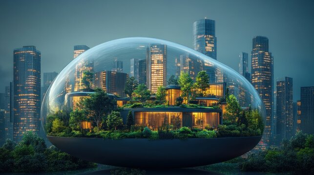 The futuristic city, enclosed by a transparent dome, glows softly. Surrounded by graceful buildings and lush greenery, it provides a safe and comfortable environment for its inhabitants.