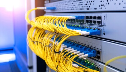 Fiber optic cables are neatly organized in a network switch cabinet.