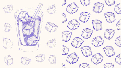 Illustration showing a glass filled with ice cubes and a straw with a pattern of ice cubes beside it