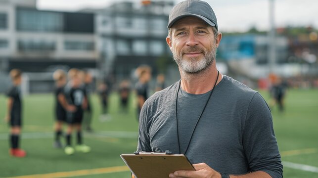 A senior Caucasian man with gray hair stands on a sports field, holding a clipboard. Young athletes practice soccer in the background.