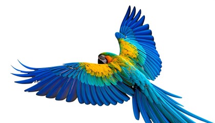 Obraz premium A vibrant macaw with outstretched wings against a pure white background displays a dazzling array of blues, greens, and yellows in its plumage.