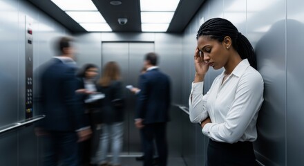A stressed black woman in a white blouse stands in an elevator. Blurred figures of diverse people in business attire are present in the background.