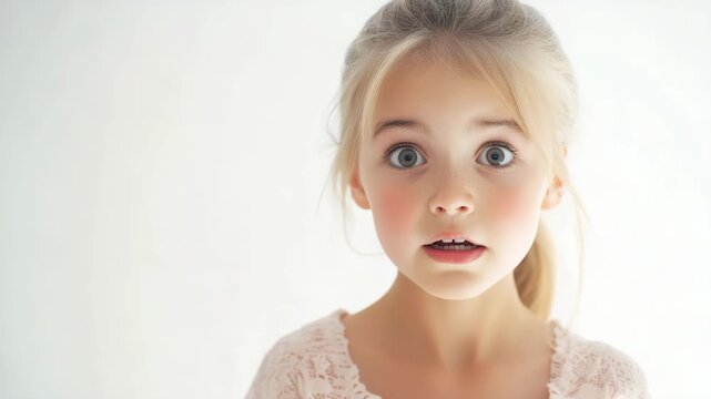 Surprised child with blonde hair and blue eyes showing emotion and expression of innocence and childhood wearing light lace top with wide eyes and open mouth in soft natural light background