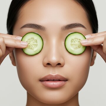 Close-up of Woman with Cucumber Slices on Eyes for Skincare