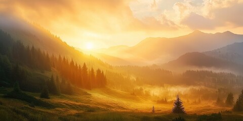 Obraz premium Misty mountain valley at dawn with orange sunlight breaking through Stock photo